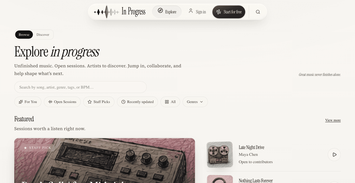 The Explore page: Browse and Discover toggle, a search field, and filter chips.