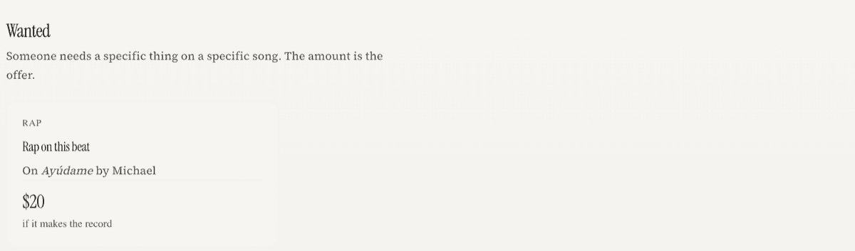 The Wanted section on Explore, showing an open request card with its price.