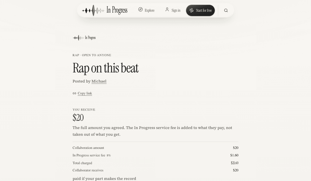 An open request page showing the ask, who posted it, a copy link, and the fee breakdown.