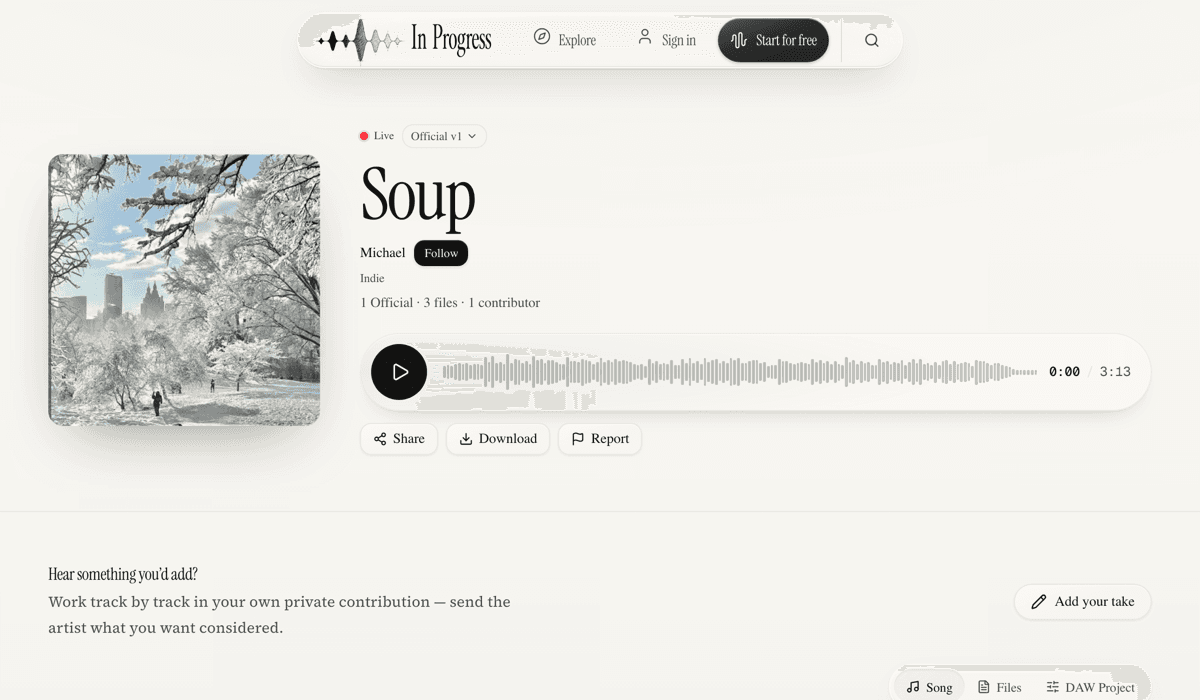 A public Session page showing the song, its artwork and its controls.